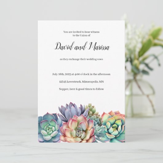 Kleurrijke succulente bruiloft kaart (Staand voorkant)
