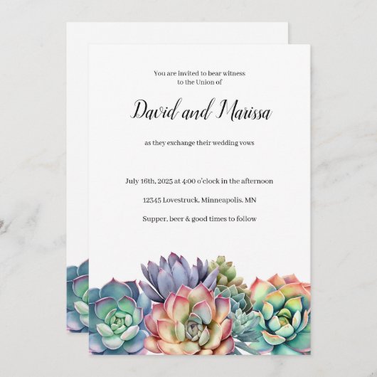 Kleurrijke succulente bruiloft kaart (Voorkant / Achterkant)