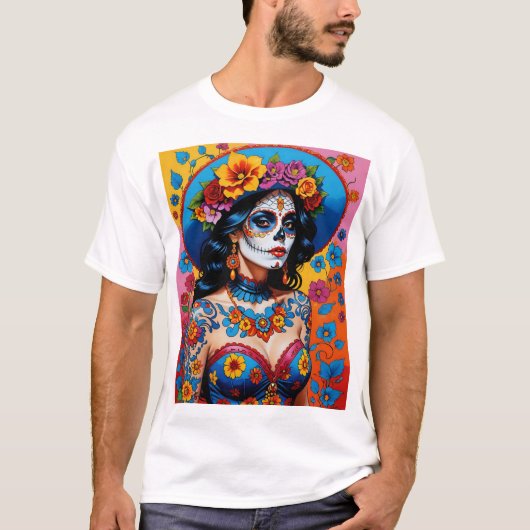Kleurrijke Sugar Skull Art T Shirt esthetisch (Voorkant)