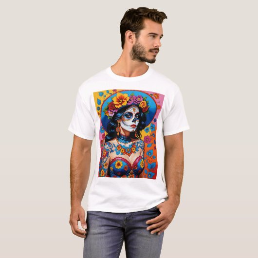 Kleurrijke Sugar Skull Art T Shirt  esthetisch (Voorkant volledig)