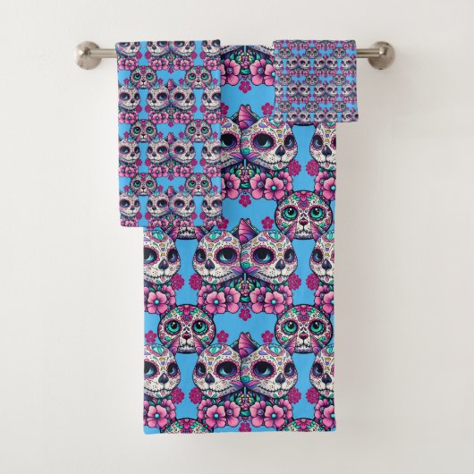 Kleurrijke Sugar Skull Cat Patroon Bad Handdoek (Insitu)