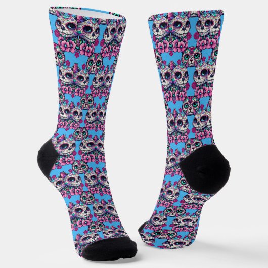 Kleurrijke Sugar Skull Cat Patroon Sokken (Gebogen)