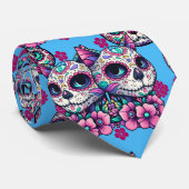 Kleurrijke Sugar Skull Cat Patroon Stropdas (Opgerold)