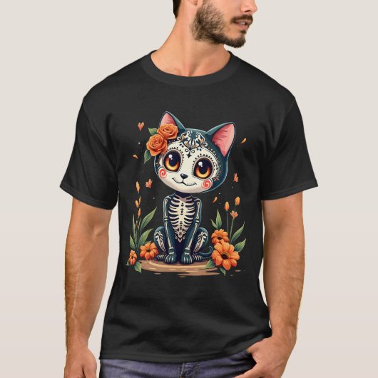 Kleurrijke Sugar Skull Cat T-shirt Mexicaans Hallo (Voorkant)