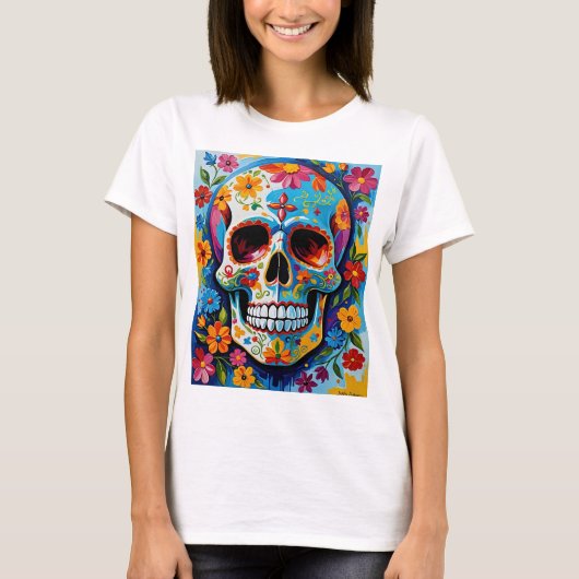 Kleurrijke Sugar Skull Floral Art T-shirt (Voorkant)
