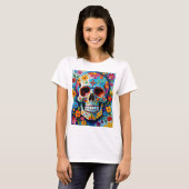 Kleurrijke Sugar Skull Floral Art T-shirt (Voorkant volledig)