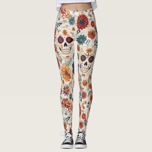 Kleurrijke Sugar Skull Floral Retro Dag van de Dod Leggings (Voorkant)