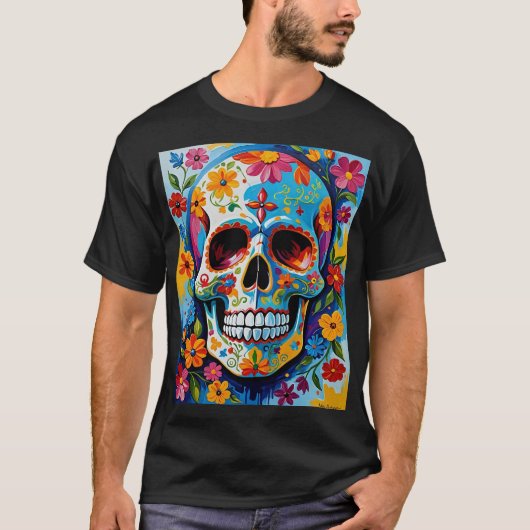 Kleurrijke Sugar Skull Flower Art Shirt (Voorkant)