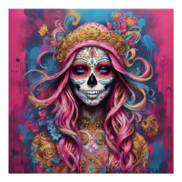 Kleurrijke Sugar Skull geen cv Glanzend Poster