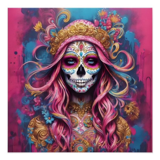 Kleurrijke Sugar Skull geen cv Glanzend Poster (Voorkant)