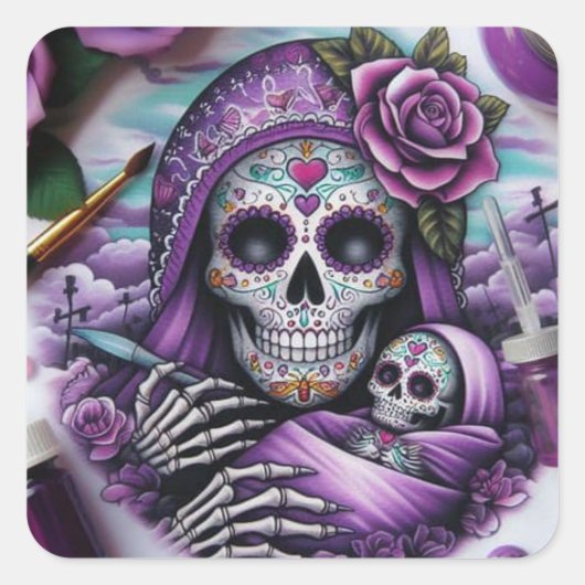 Kleurrijke Sugar Skull Mama en Baby Vierkante Sticker (Voorkant)