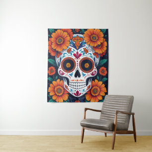 Kleurrijke Sugar Skull met goudsbloemen Wandkleed