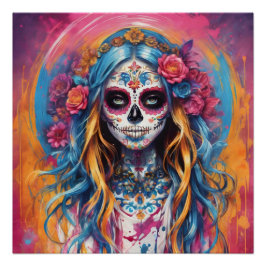 Kleurrijke Sugar Skull no c4 Glanzend Poster
