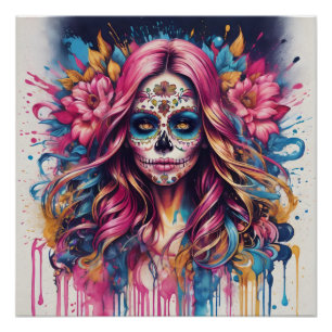 Kleurrijke Sugar Skull no c5 Glanzend Poster
