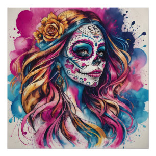 Kleurrijke Sugar Skull no c6 Glanzend Poster