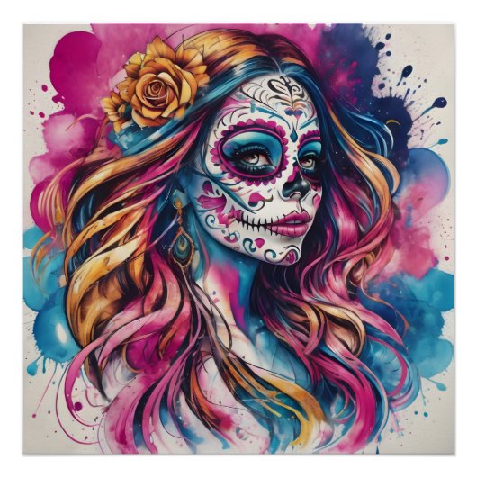 Kleurrijke Sugar Skull no c6 Glanzend Poster (Voorkant)