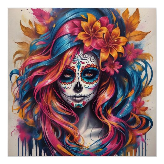 Kleurrijke Sugar Skull no ca Glossy Poster (Voorkant)