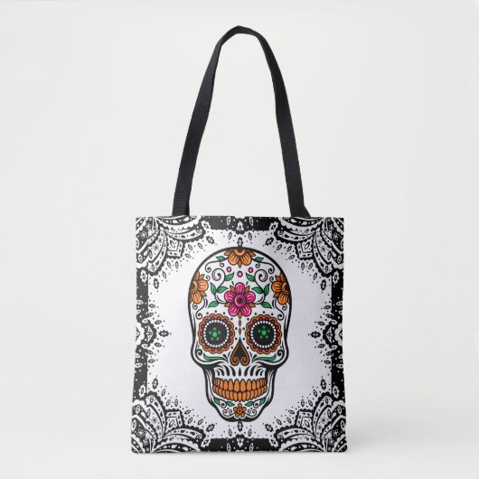 Kleurrijke Sugar Skull Zwart Paisley Lijst Tote Bag (Voorkant)