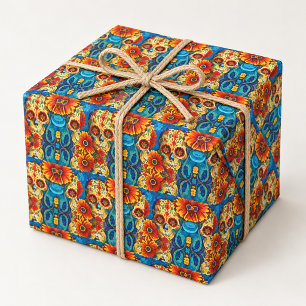 Kleurrijke Suiker Schedel Bloemrijke Folk Art Pat Cadeaupapier