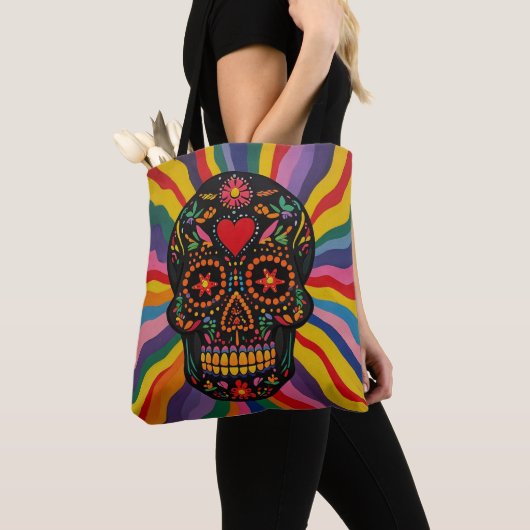 Kleurrijke suiker schedeltas met regenboog ontwerp tote bag (Dichtbij)