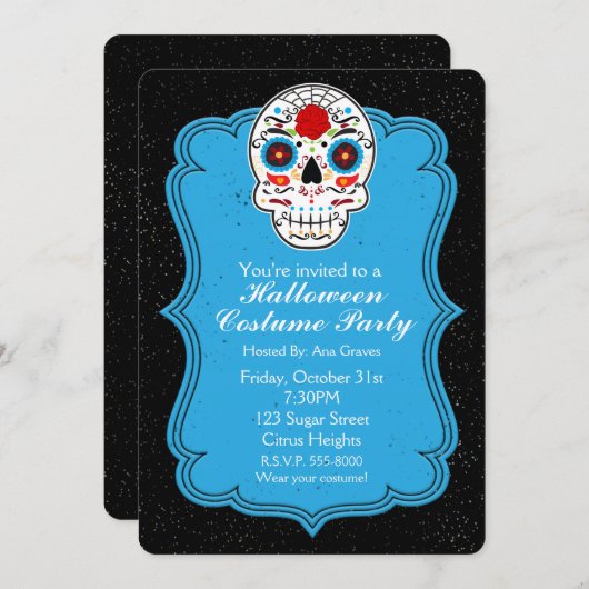 Kleurrijke suikerschedel & blauwe uitnodiging voor (Voorkant / Achterkant)