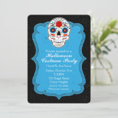 Kleurrijke suikerschedel & blauwe uitnodiging voor (Staand voorkant)