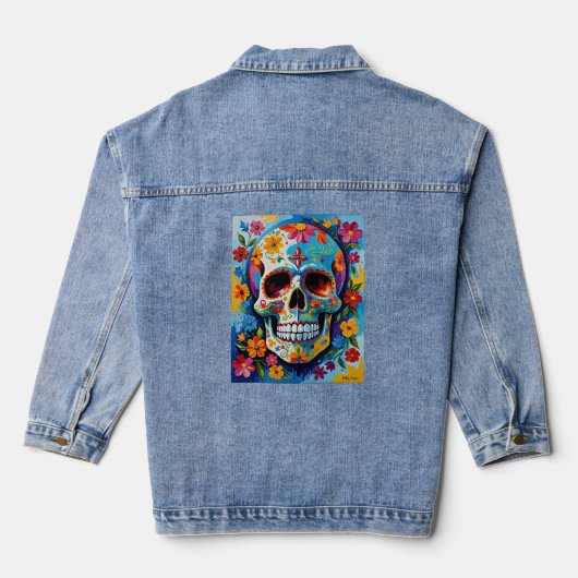 Kleurrijke Suikerschedel Día de Muertos Denim Jacket (Achterkant)