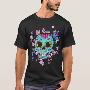 Kleurrijke Suikerschedel met Bloemen en Vlinders T-shirt