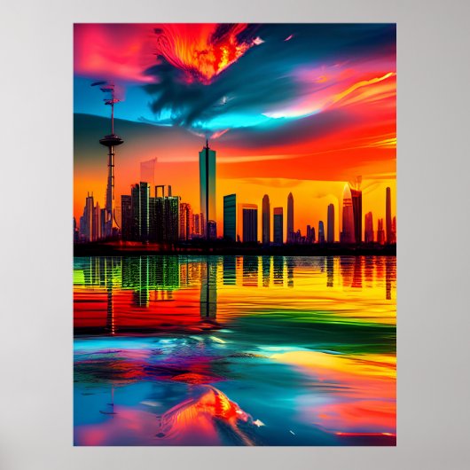 Kleurrijke Sunset Cityscape Art Poster (Voorkant)