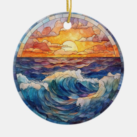 KLEURRIJKE SUNSET OCEAN WAVES GLAS IN LOOD LOOK KERAMISCH ORNAMENT (Voorkant)