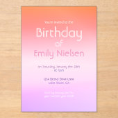 Kleurrijke Sunset Ombre Moderne Verjaardag Uitnodi Acryl Uitnodigingen (Voorkant)