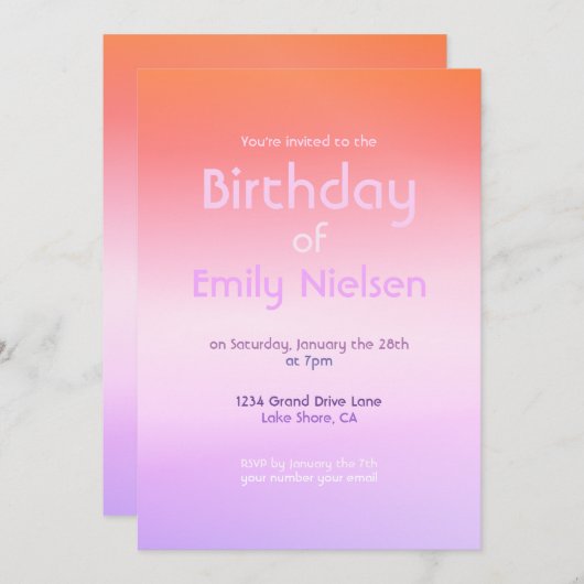 Kleurrijke Sunset Ombre Moderne Verjaardag Uitnodi Kaart (Voorkant / Achterkant)