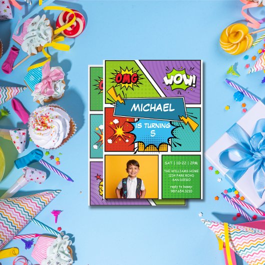 Kleurrijke Superheld Pop Art Verjaardag Uitnodigin Kaart