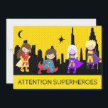 ** Kleurrijke SUPERHEROS Kids verjaardagsfeestje Kaart<br><div class="desc">*** GEDURFDE KLEURRIJKE SUPERHELDEN Schattigee leuke grillige VERJAARDAGSFEESTUITNODIGING. De kleintjes kunnen zich verkleden als hun superfavoriete superheld. SUPER HERO / SUPER HEROES / SUPERHELDEN Uitnodiging. Er zijn vier superhelden tegen een SKYLINE CITYSCAPE. De lucht is een vet goud en geel polka dot patroon. Dit is een genderneutrale uitnodiging voor een...</div>