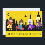 ** Kleurrijke SUPERHEROS Kids verjaardagsfeestje Kaart<br><div class="desc">*** GEDURFDE KLEURRIJKE SUPERHELDEN Schattigee leuke grillige VERJAARDAGSFEESTUITNODIGING. De kleintjes kunnen zich verkleden als hun superfavoriete superheld. SUPER HERO / SUPER HEROES / SUPERHELDEN Uitnodiging. Er zijn vier superhelden tegen een SKYLINE CITYSCAPE. De lucht is een vet goud en geel polka dot patroon. Dit is een genderneutrale uitnodiging voor een...</div>