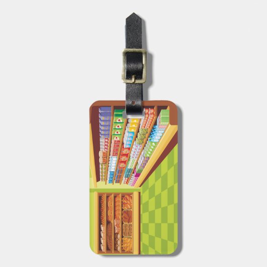 Kleurrijke supermarkt gangpad en bakkerij bagagelabel (Voorkant verticaal)