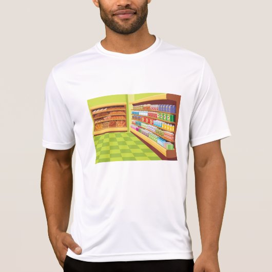 Kleurrijke supermarkt gangpad en bakkerij t-shirt (Voorkant)