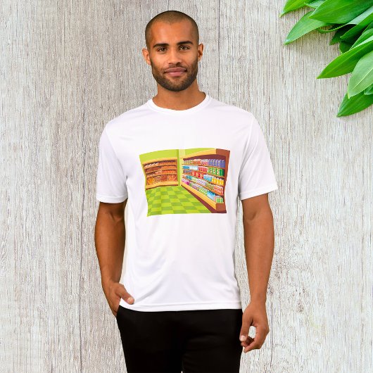 Kleurrijke supermarkt gangpad en bakkerij t-shirt