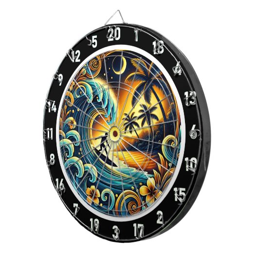 Kleurrijke surfer in tropische vibes dartbord (Voorkant Rechts)