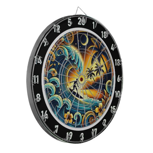 Kleurrijke surfer in tropische vibes dartbord (Voorkant Links)