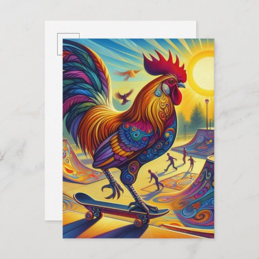 Kleurrijke Surrealistische Skateboarden Haan Briefkaart (Voorkant / Achterkant)