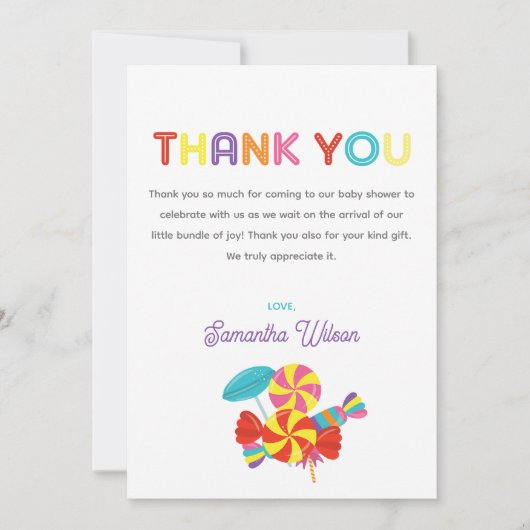 Kleurrijke Sweet Fun Snoep Theme Baby shower Bedankkaart (Voorkant)
