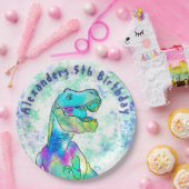 Kleurrijke T-Rex Dinosaurus 5e Verjaardagsfeestje Papieren Bordje (Feest)
