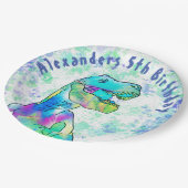 Kleurrijke T-Rex Dinosaurus 5e Verjaardagsfeestje Papieren Bordje (Gekanteld)