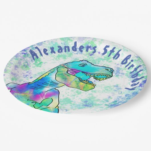 Kleurrijke T-Rex Dinosaurus 5e Verjaardagsfeestje Papieren Bordje (Gekanteld)