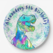 Kleurrijke T-Rex Dinosaurus 5e Verjaardagsfeestje Papieren Bordje (Voorkant)