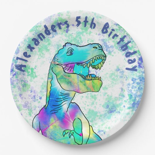 Kleurrijke T-Rex Dinosaurus 5e Verjaardagsfeestje Papieren Bordje (Voorkant)