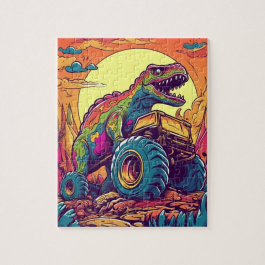 Kleurrijke T-Rex Dinosaurus Monster Truck Legpuzzel (Verticaal)