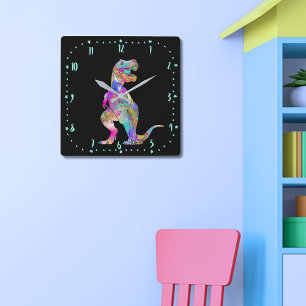 Kleurrijke T rex Scary Jurassic Dinosaur Art Vierkante Klok