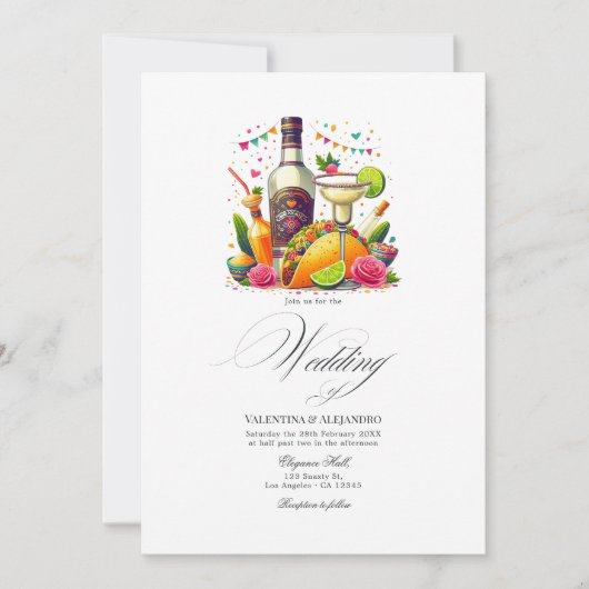 Kleurrijke Taco's en Tequila Fiesta bruiloft Kaart (Voorkant)